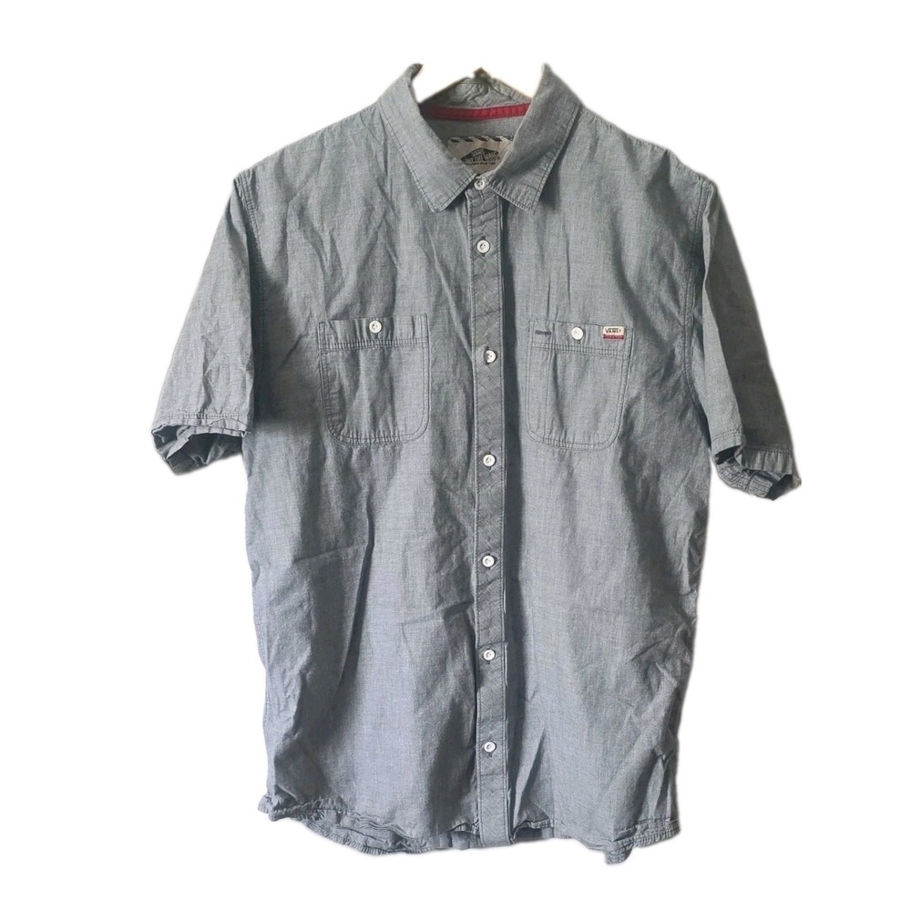 VANS Men's Short Sleeve Woven Cotton Button-Up Shirt Solid Gray Pockets L